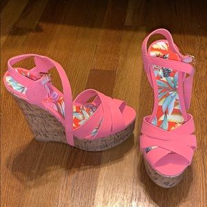 Coral strappy wedges